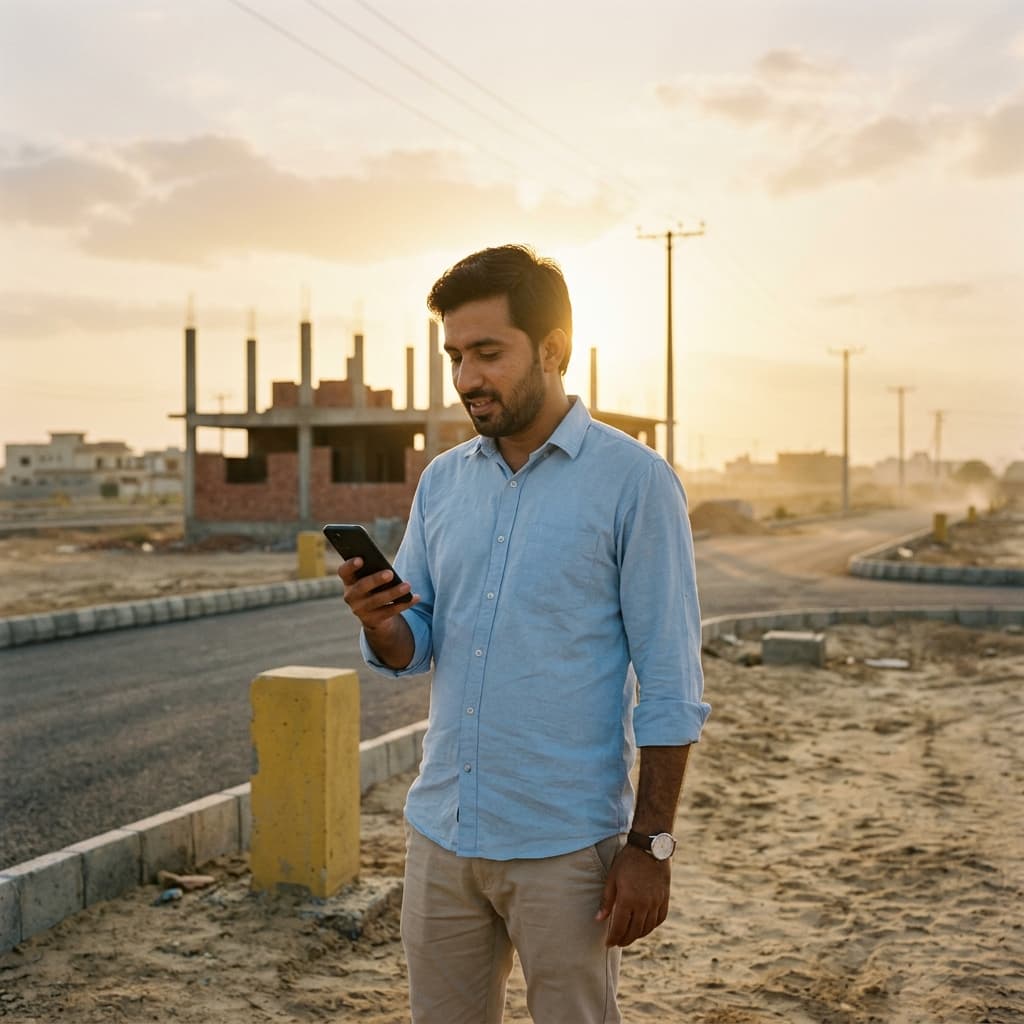 An estate agent checks his phone on an empty plot in a new housing society at sunset