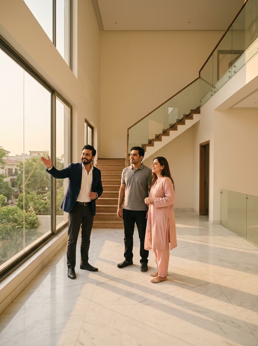 An agent shows a young couple around an empty new home with tall windows and a marble floor