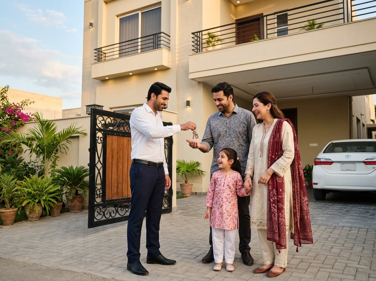 An agent hands the keys to a smiling family outside the gate of their new house