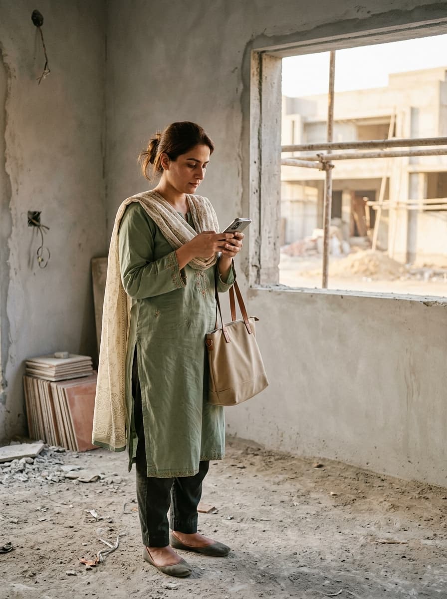 An agent types a buyer's offer into her phone during a visit to a half-built house